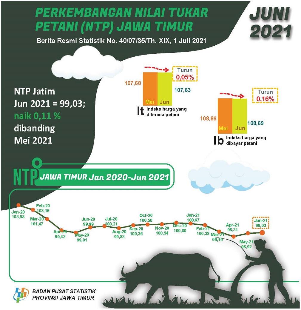 Nilai Tukar Petani (NTP) Jawa Timur bulan Juni 2021 naik 0,11 persen.