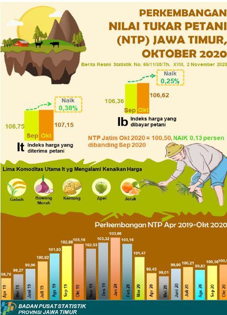 Nilai Tukar Petani (NTP) Jawa Timur Bulan Oktober 2020 naik 0,13 persen.