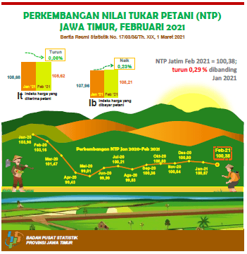 Nilai Tukar Petani (NTP) Jawa Timur bulan Februari 2021 turun 0,29 persen.